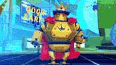 a robot with a crown on his head is standing in front of a sign that says gogh party