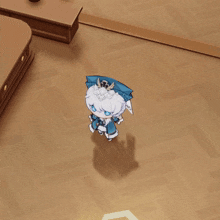 a cartoon character with white hair and blue eyes is standing on the floor