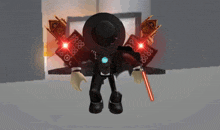 a cartoon character is wearing a black hat and holding a red lightsaber