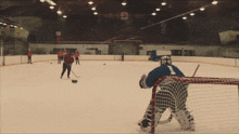 a hockey game is being played in a stadium with the letter b on the ceiling