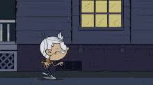 a cartoon of lincoln loud standing in front of a house at night