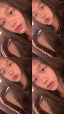 a collage of four pictures of a girl with the letter k on her neck
