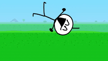 a stick figure is doing a handstand in a field .