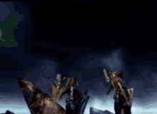 a video game scene with a man holding a sword and a dragon in the background