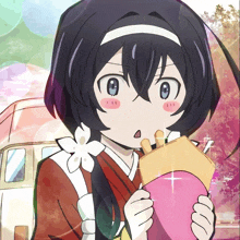 a girl with a flower on her head is holding a pink heart shaped object