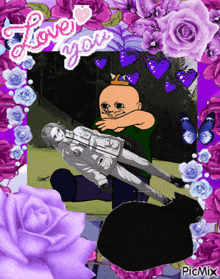 a picture frame with purple roses and butterflies with the words i love you on it