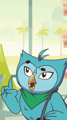 a cartoon owl with a green scarf around its neck is giving a thumbs up