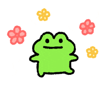 a green frog surrounded by pink and yellow flowers on a white background
