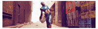 a man in a captain america costume is walking down an alley