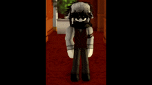 a cartoon character is standing on a red carpet in a dark room