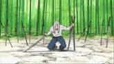 a cartoon of a man holding two swords in front of a forest