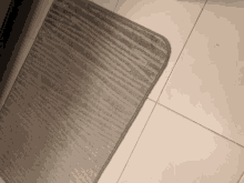 a gray striped rug is laying on a tiled floor