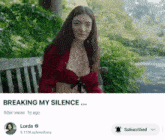 a woman in a red top is sitting on a bench with the words " breaking my silence " above her