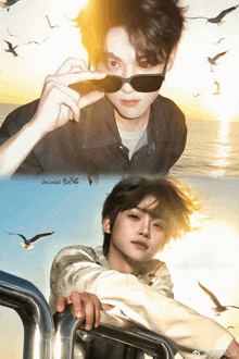 a young man wearing sunglasses stands in front of a sunset with seagulls