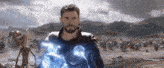 a man with a beard is standing in a field holding a lightning bolt
