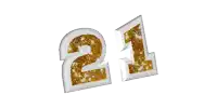the number 21 is made of gold glitter and is on a white background