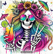a colorful illustration of a skeleton holding a cocktail and giving a peace sign