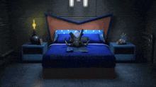 a cartoon character is standing in front of a bed with the words what in the factory settings is happening