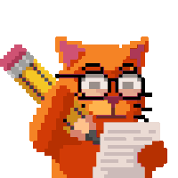 a pixel art drawing of a cat with glasses holding a pencil and a piece of paper