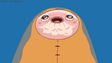 a cartoon character with its mouth open and a stitch in the middle