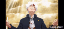 a man with blood on his face is looking up at the sky with his arms outstretched .