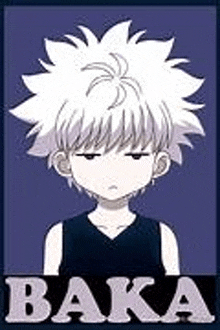 a poster of a young boy with white hair and the word baka on it .