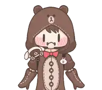 a cartoon of a boy in a teddy bear costume holding a stuffed animal