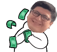 a man wearing glasses is holding a bunch of money