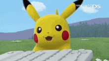 a pikachu is sitting on a keyboard in a field