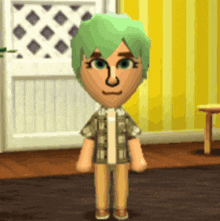 a cartoon character with green hair is standing in front of a yellow striped wall