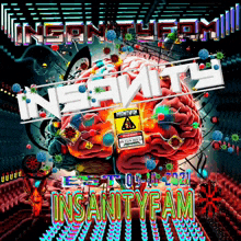a poster for insanityfam that shows a brain surrounded by viruses