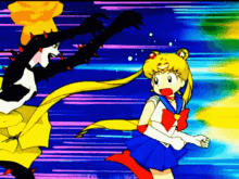 a cartoon of a girl in a sailor suit running away from a monster