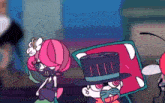 a couple of cartoon characters are standing next to each other . one of the characters is wearing a mask and a top hat .