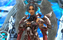 a woman in a costume with wings is standing in front of a blue sky in a video game .