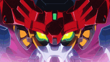 a close up of a robot 's face with glowing eyes and a purple background