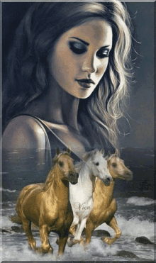 a painting of a woman surrounded by horses with the name vica on the bottom