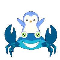 a penguin is sitting on top of a crab