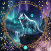 a painting of a wolf in a gold frame with a waterfall in the background