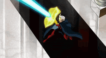 a man in a cape is holding a shield and a sword