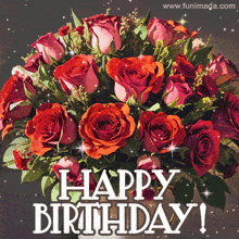 a bouquet of red and pink roses with the words " happy birthday "