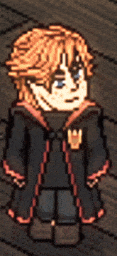 a pixel art drawing of a boy in a black robe