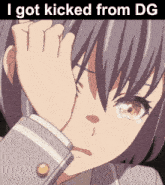 a picture of a girl with the words i got kicked from dg