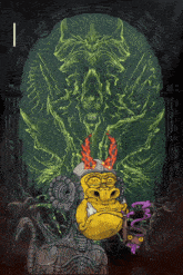 a drawing of a monkey holding a purple object with a skull in the background