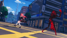 a girl with red hair runs across a street in front of a building that says lecon