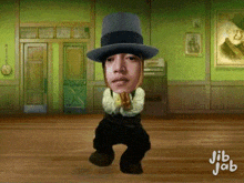 a cartoon of a man in a fedora dancing with jib jab written on the bottom