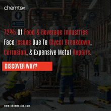 an advertisement for chemtex shows workers working on a factory