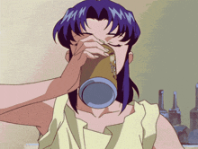 a girl with purple hair drinking from a can