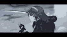 a girl with long black hair is holding a large sword