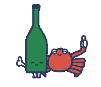 a cartoon of a crab and a green bottle with arms and legs