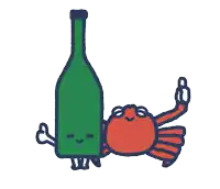 a cartoon of a crab and a green bottle with arms and legs